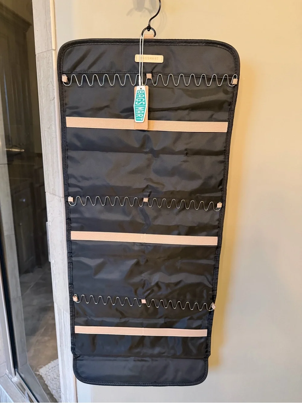 Black Hanging Jewelry Organizer with Beige Accents